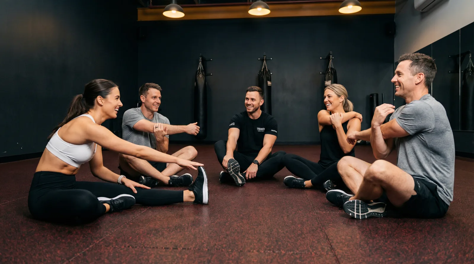 Group fitness class stretching together on the gym floor with a personal trainer.