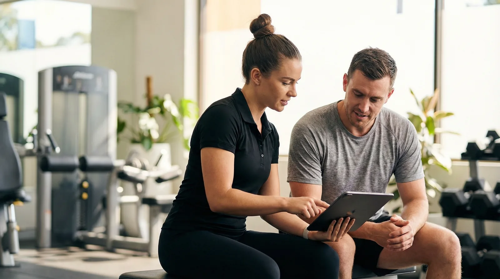 Personal trainer consulting with a client using a tablet in a modern gym.