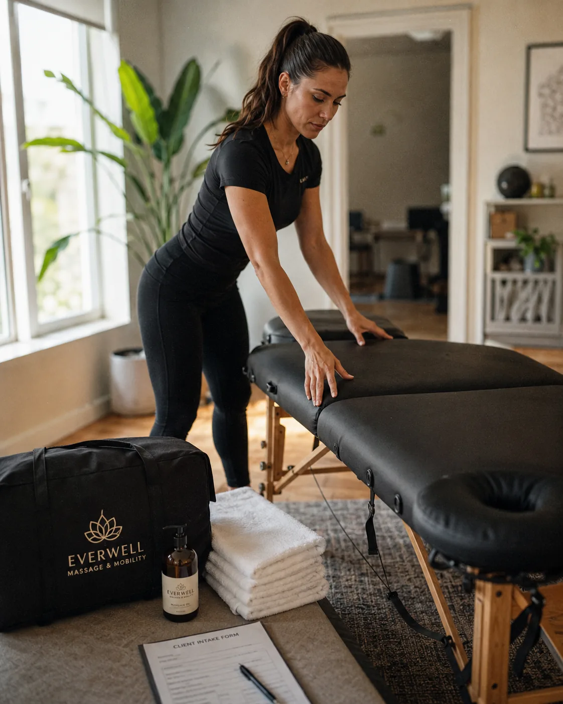 Mobile massage therapist setting up table