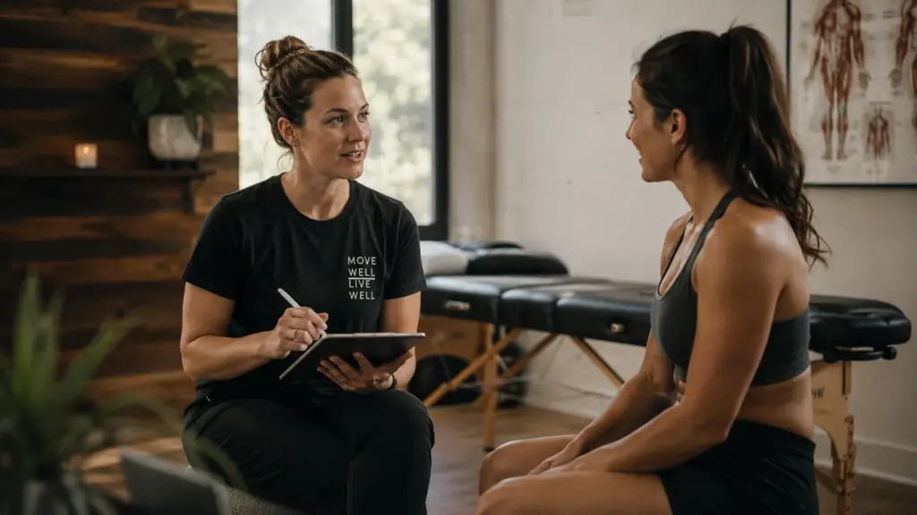 Massage therapist consulting with a client in a professional treatment room before a session.