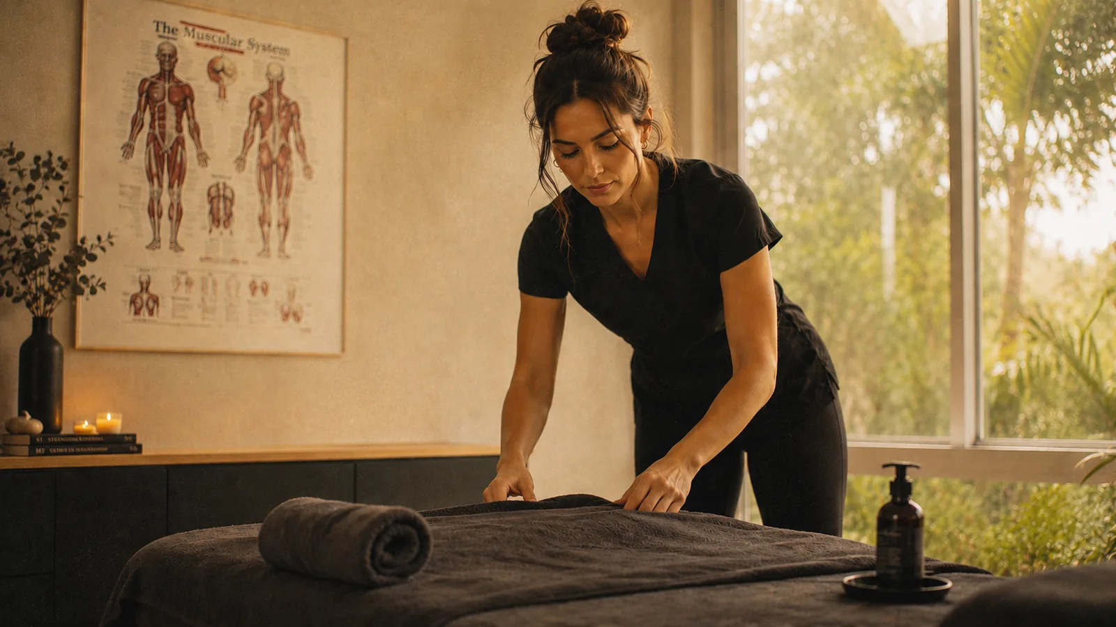 Massage therapist preparing treatment room