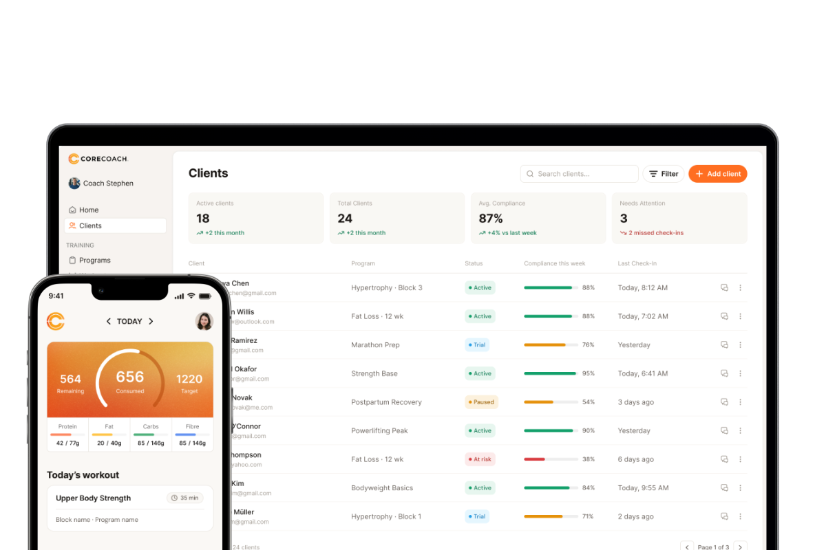 CoreCoach client dashboard interface