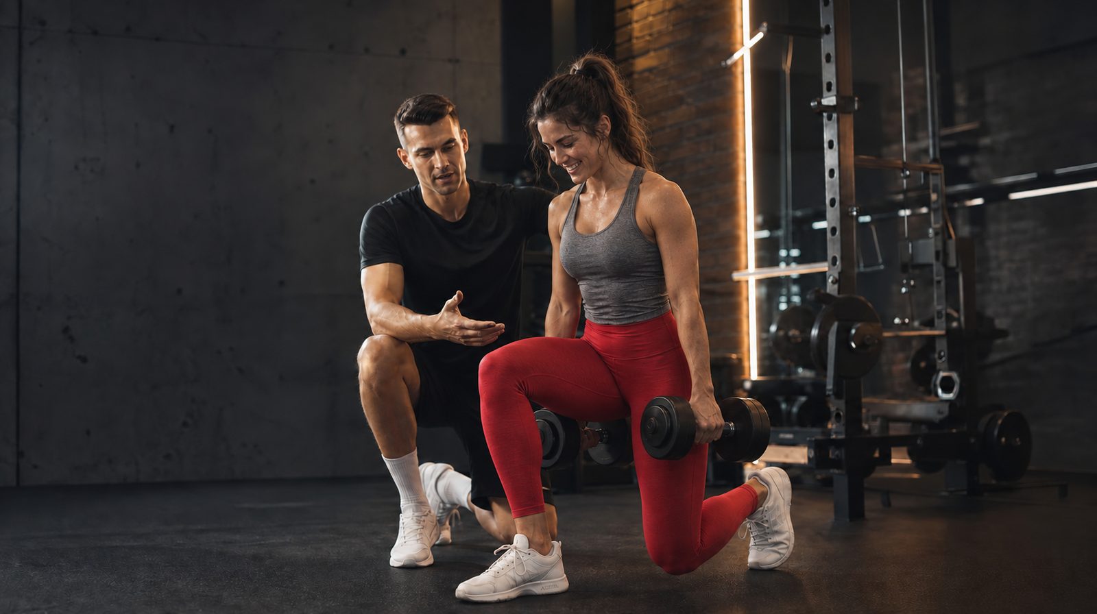 AIF personal trainer coaching a client through a lunge in a gym